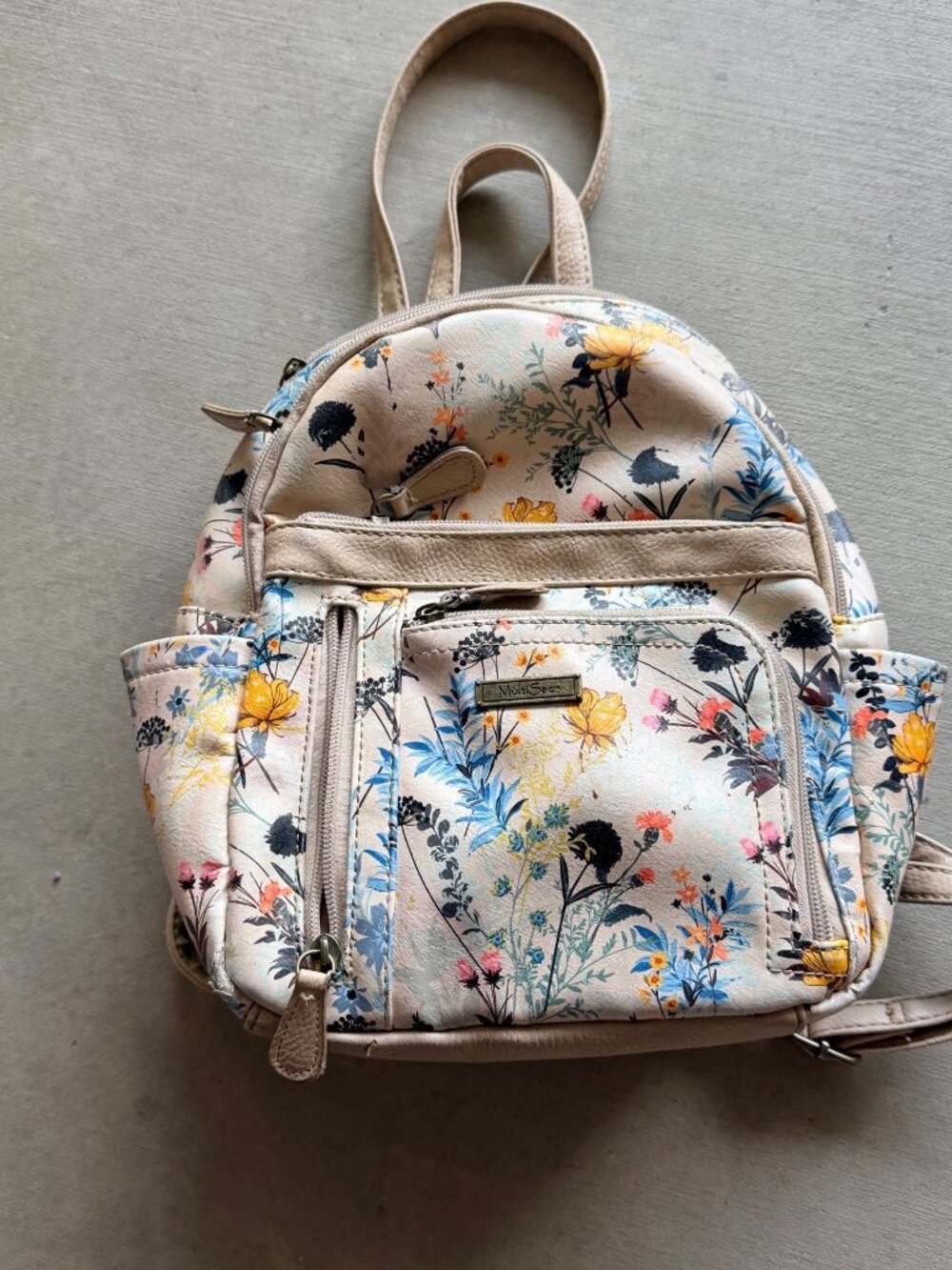 MultiSac Beige Floral Mini Backpack With Multiple Compartments & Adjustable Stra
